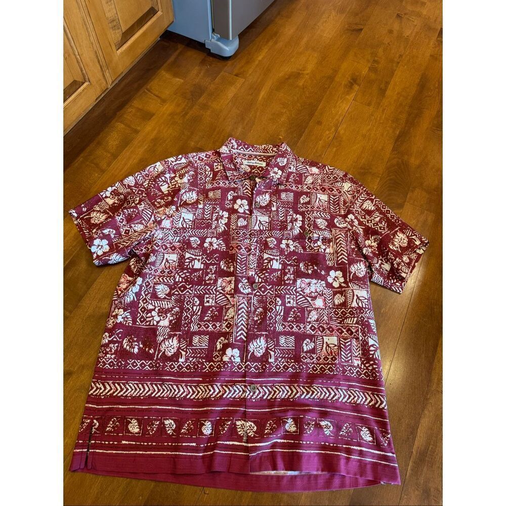 Tommy Bahama Silk Blend Hawaiian Shirt Men’s Large Red Tropical Camp Button Up